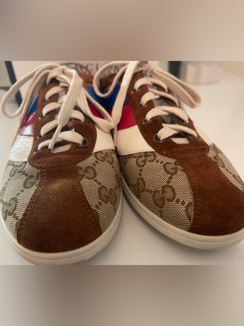 Gucci Multicolor GG Canvas Sneakers - Brown suede Blue and Red Bowling sneakers - Picture 2 of 10